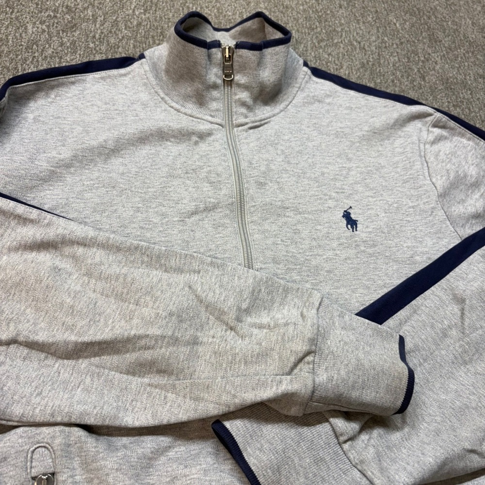 Polo Ralph Lauren Mens Grey Full Zip Track Jacket Navy Stripe Pony Logo Medium - Picture 12 of 12